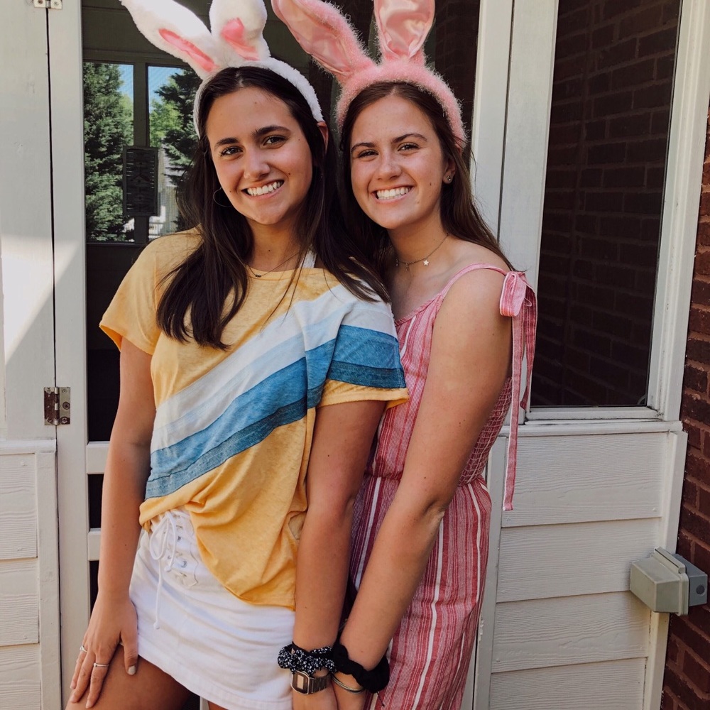 Yellow tee with blue stripes